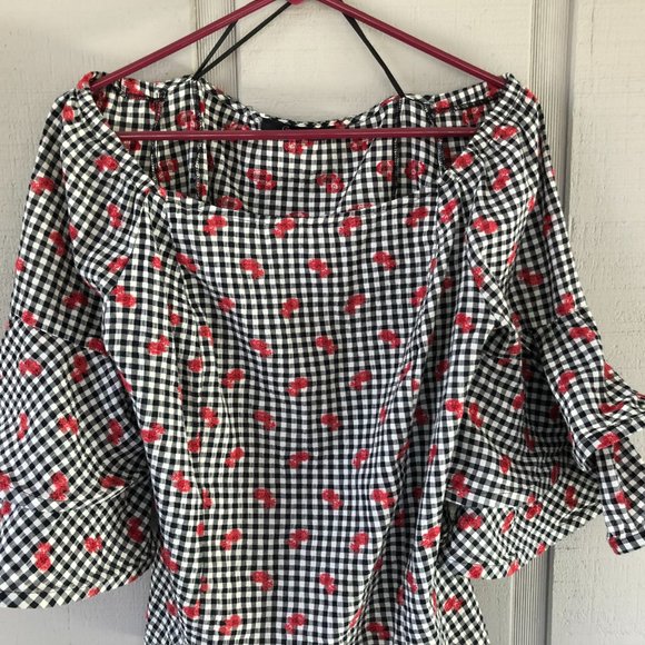Conspiracy Embroidered Off Shoulder Unique Checkered Top Large - Picture 2 of 6